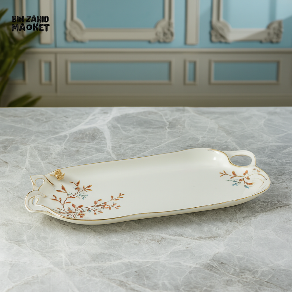 ANGELA FLORAL PORCELAIN SERVING TRAY WITH HANDLES – LUXURY RECTANGULAR SNACK & DESSERT PLATTER