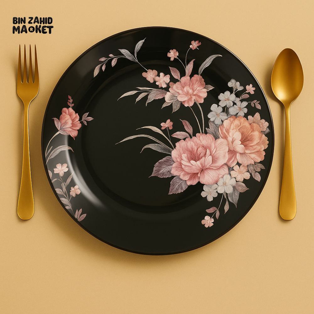 ANGELA FLORAL PRINT BLACK PORCELAIN DINNER PLATE – ELEGANT TABLEWARE FOR FINE DINING