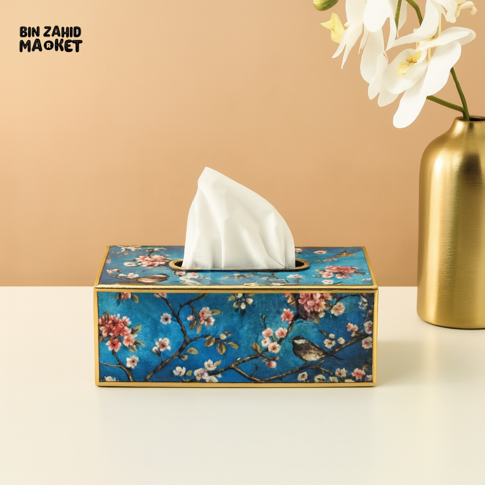ANGELA FLORAL PRINT TISSUE BOX – LUXURY RECTANGULAR HOLDER WITH BIRD DESIGN FOR HOME & OFFICE DECOR
