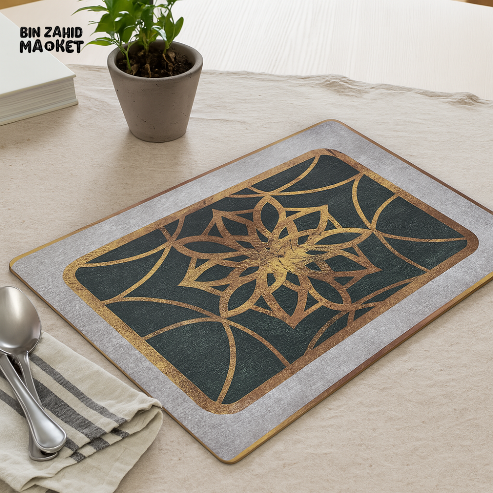 ANGELA GEOMETRIC PLACEMAT – ELEGANT GOLD & GREEN MANDALA DESIGN DINING MAT