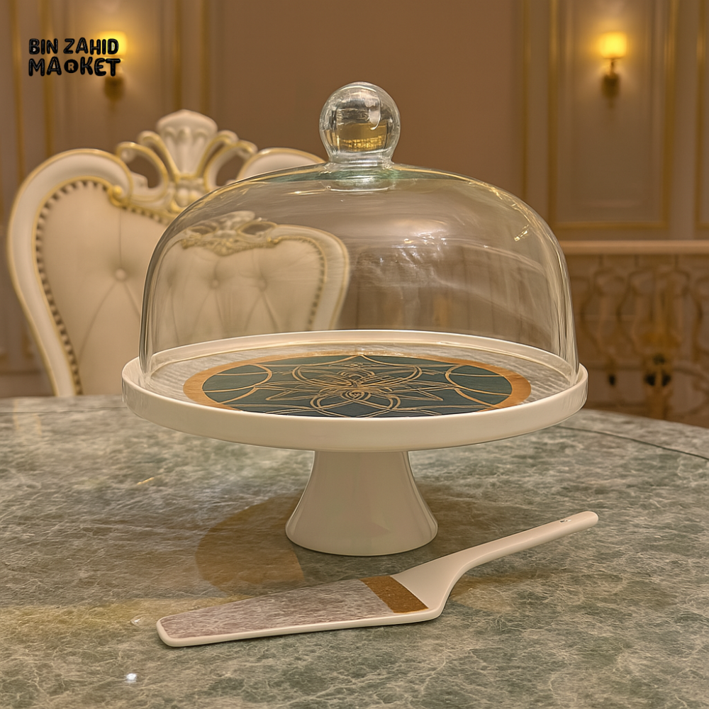 ANGELA GLASS DOME CAKE STAND WITH SERVER – MANDALA DESIGN CERAMIC DESSERT PLATTER FOR ELEGANT TABLE DISPLAY