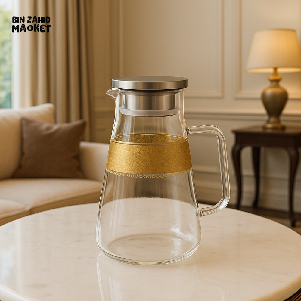 ANGELA GLASS WATER JUG WITH GOLD BAND & STAINLESS STEEL LID – ELEGANT CARAFE FOR HOME & TABLE SERVING