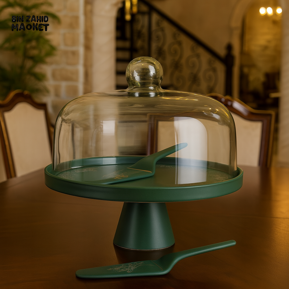 ANGELA GREEN CAKE STAND WITH GLASS DOME & SERVER – ELEGANT DESSERT DISPLAY PLATTER FOR MODERN TABLE DECOR