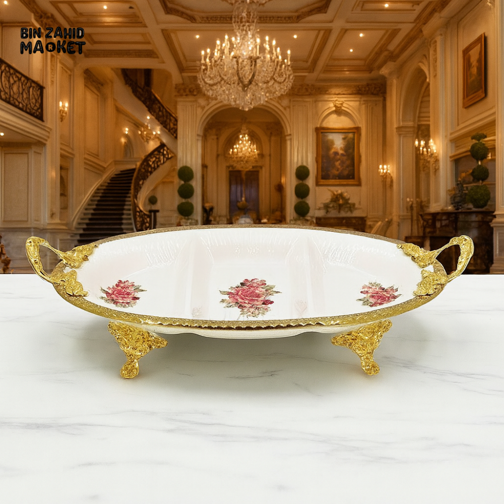 ANGELA LUXURY PORCELAIN SERVING TRAY WITH GOLD HANDLES & FLORAL DESIGN AB 03