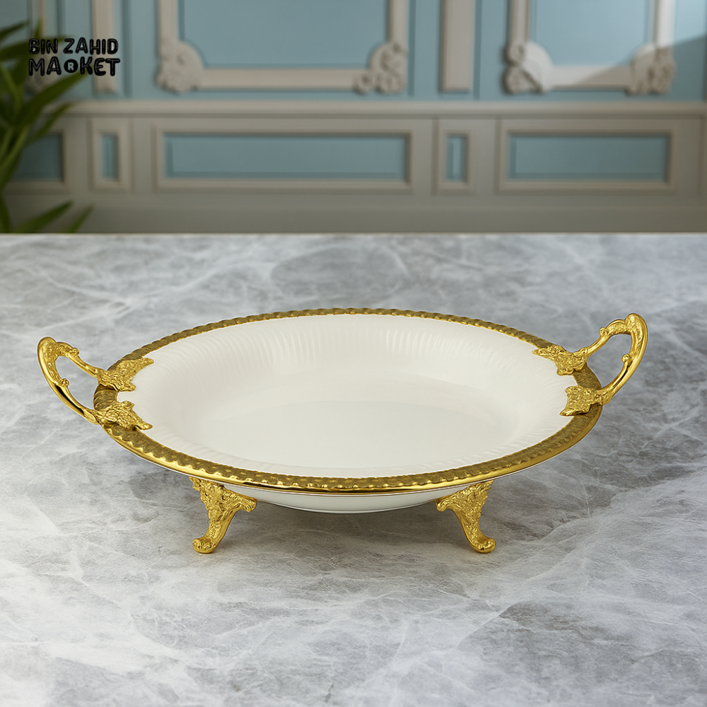 ANGELA OVAL PORCELAIN SERVING TRAY WITH GOLD HANDLES & LEGS – ELEGANT FLAT DISH FOR SNACKS & DESSERTS - 25CM