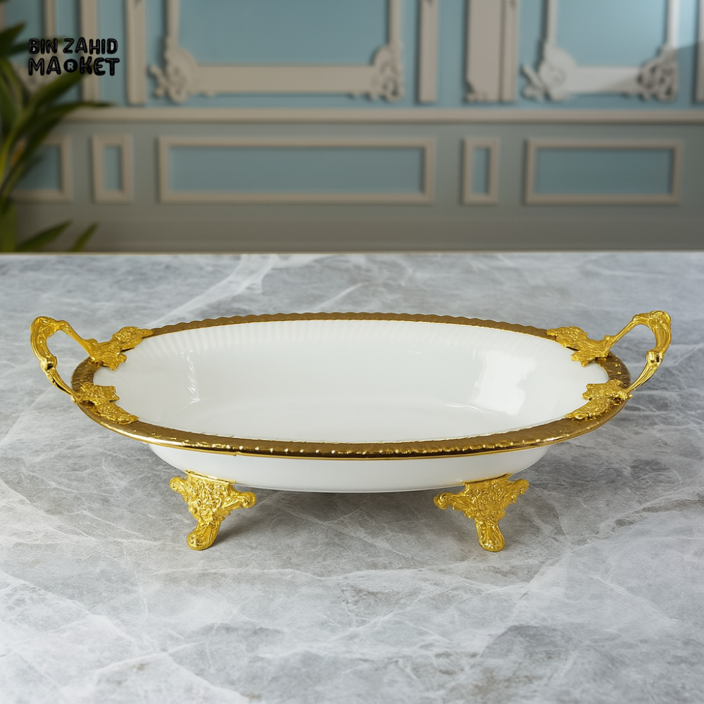 ANGELA OVAL PORCELAIN SERVING TRAY WITH GOLD HANDLES & LEGS – ELEGANT FLAT DISH FOR SNACKS & DESSERTS - 31x18CM