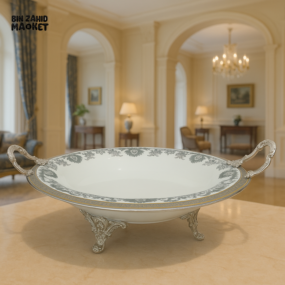 ANGELA OVAL SERVING DISH ELEGANT SILVER-PLATED PORCELAIN BOWL FOR DINING & DECOR - 31CM
