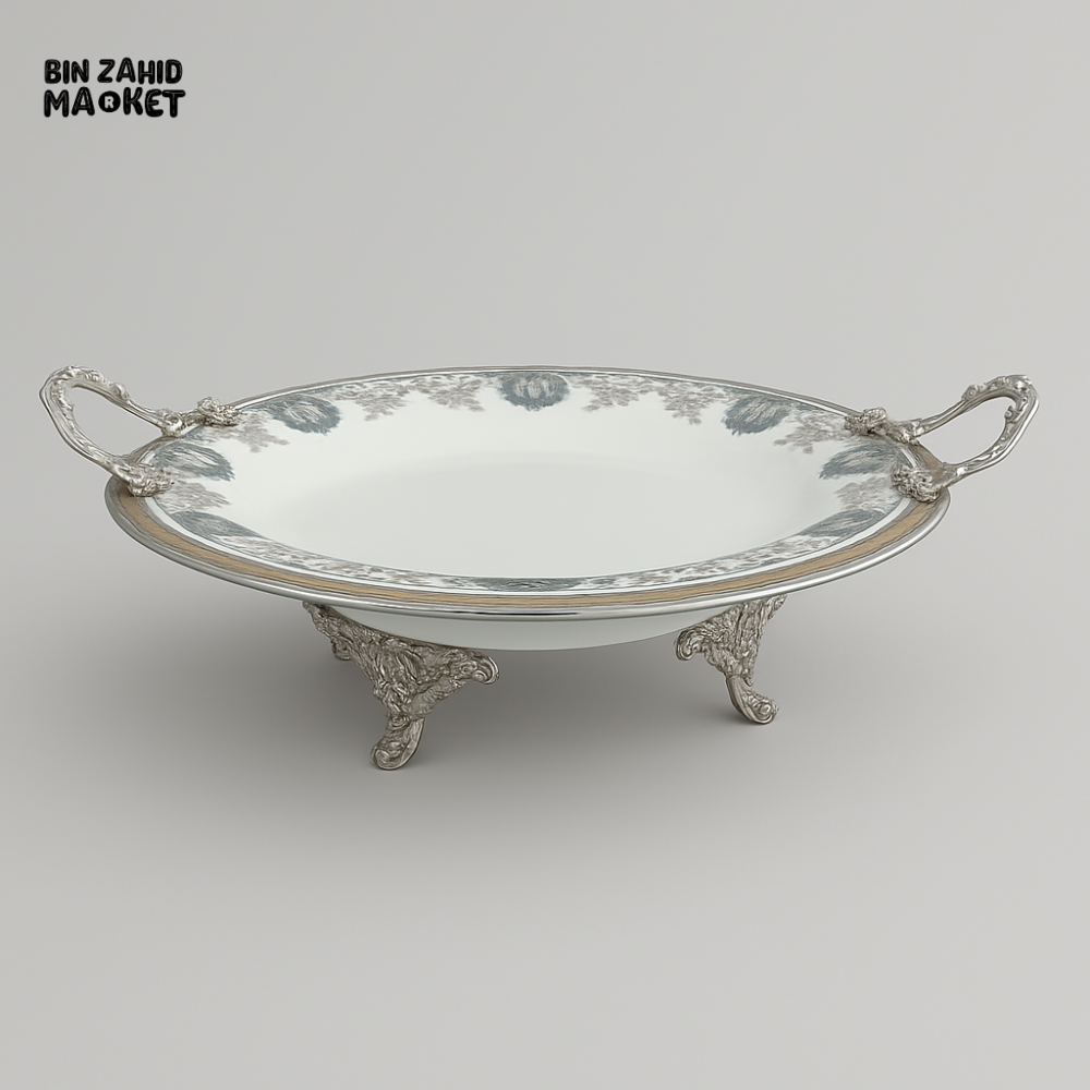 ANGELA OVAL SERVING DISH ELEGANT SILVER-PLATED PORCELAIN BOWL FOR DINING & DECOR - 31CM