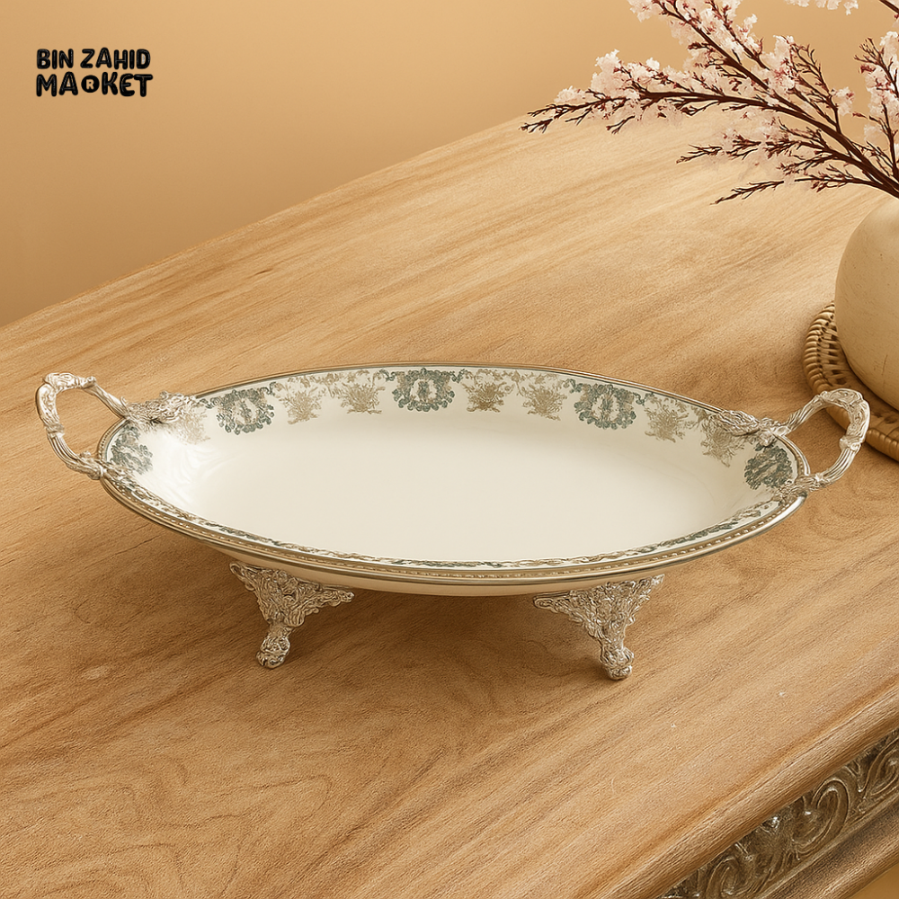ANGELA OVAL SERVING DISH ELEGANT SILVER-PLATED PORCELAIN BOWL FOR DINING & DECOR - 34x20CM
