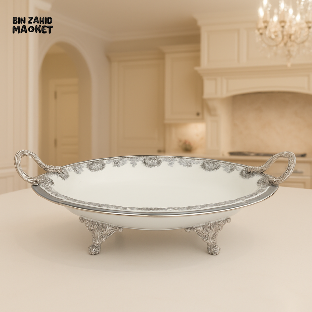 ANGELA OVAL SERVING DISH ELEGANT SILVER-PLATED PORCELAIN BOWL FOR DINING & DECOR - 39x24CM