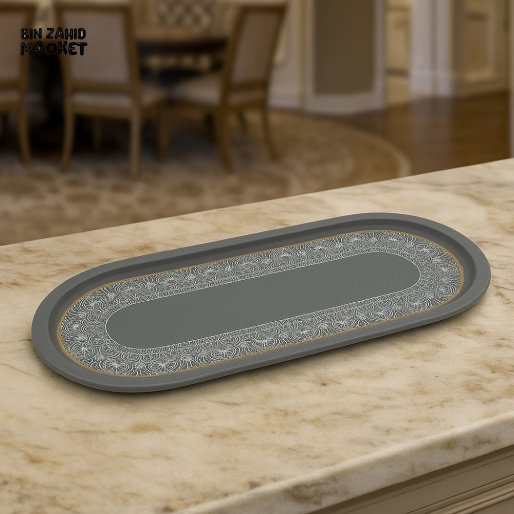 ANGELA OVAL SERVING TRAY – GRAY & GOLD DESIGNER SNACK AND DESSERT PLATTER