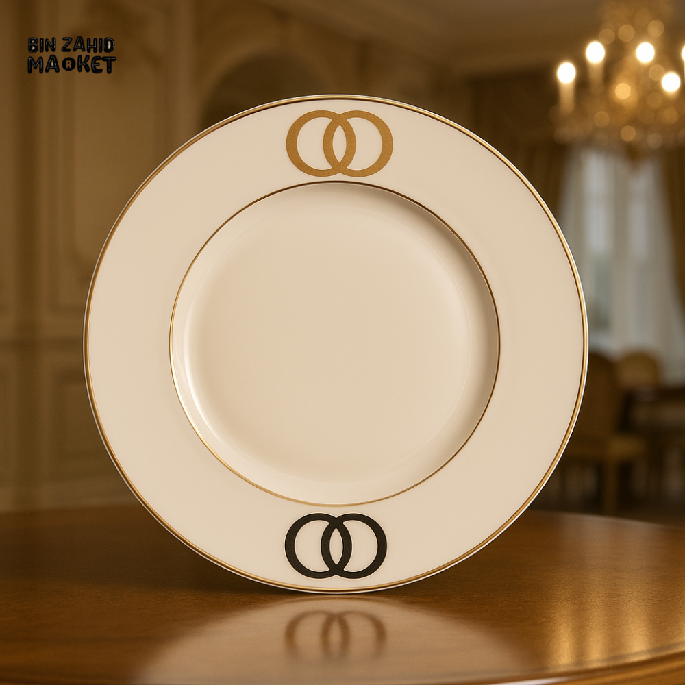 ANGELA PORCELAIN DINNER PLATE – GOLD & BLACK INTERLOCKING RING DESIGN WITH ELEGANT RIM FINISH