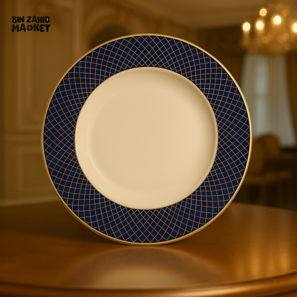 ANGELA PORCELAIN DINNER PLATE – NAVY BLUE & GOLD GRID DESIGN ELEGANT DINING PLATTER