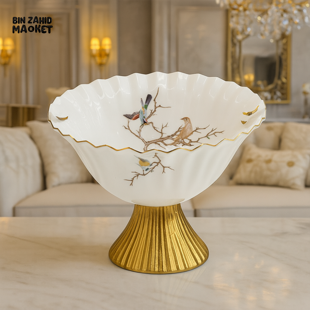 ANGELA PORCELAIN FRUIT BOWL – GOLD BASE WITH BIRD DESIGN DECORATIVE CENTERPIECE