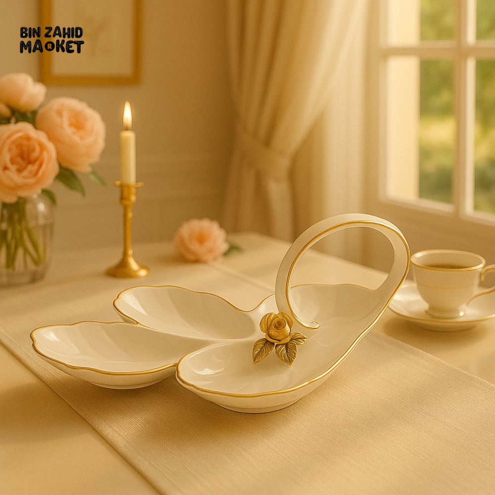 ANGELA PORCELAIN LEAF-SHAPED SERVING DISH WITH HANDLE – LUXURY MULTI-SECTION SNACK TRAY FOR TEA PARTIES & DINING TABLE DECOR