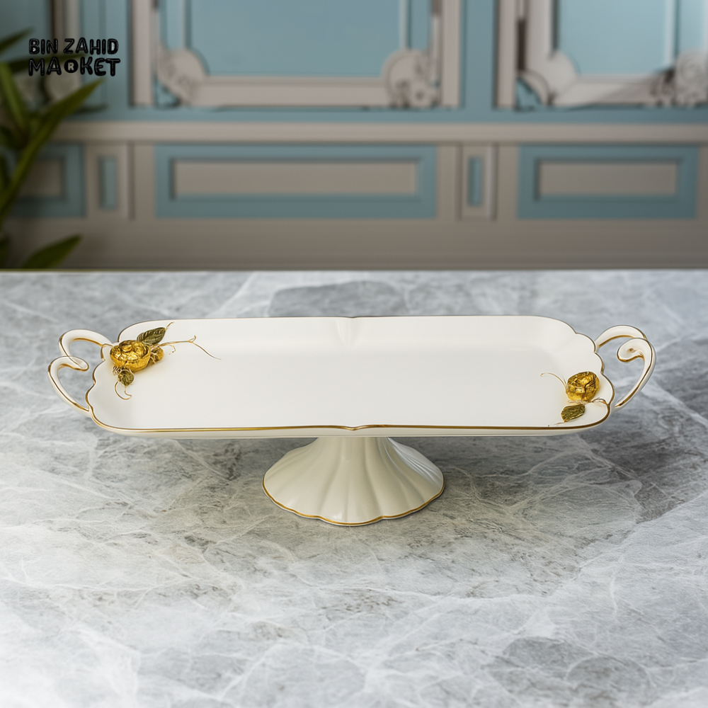 ANGELA PORCELAIN PEDESTAL SERVING TRAY WITH GOLDEN ROSE HANDLES – ELEGANT RECTANGULAR CAKE & DESSERT STAND
