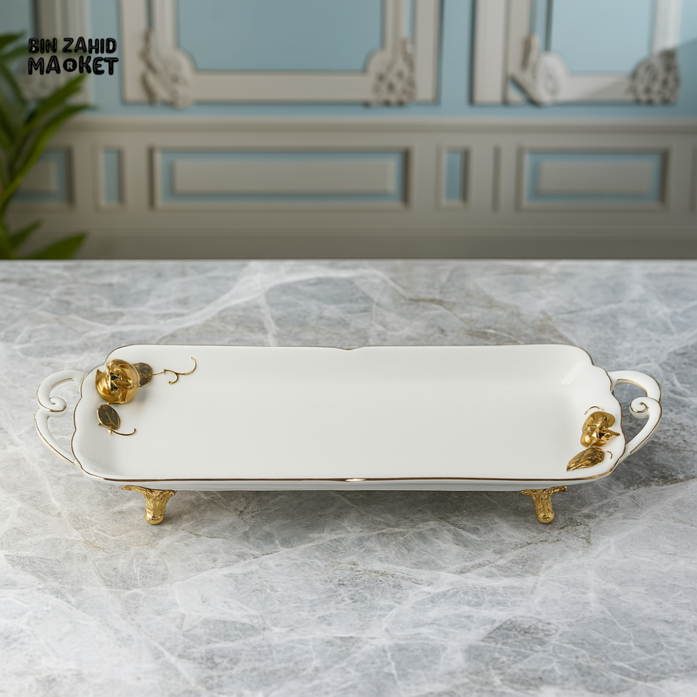 ANGELA PORCELAIN SERVING TRAY WITH GOLDEN ROSE HANDLES – ELEGANT RECTANGULAR SNACK & DESSERT PLATTER