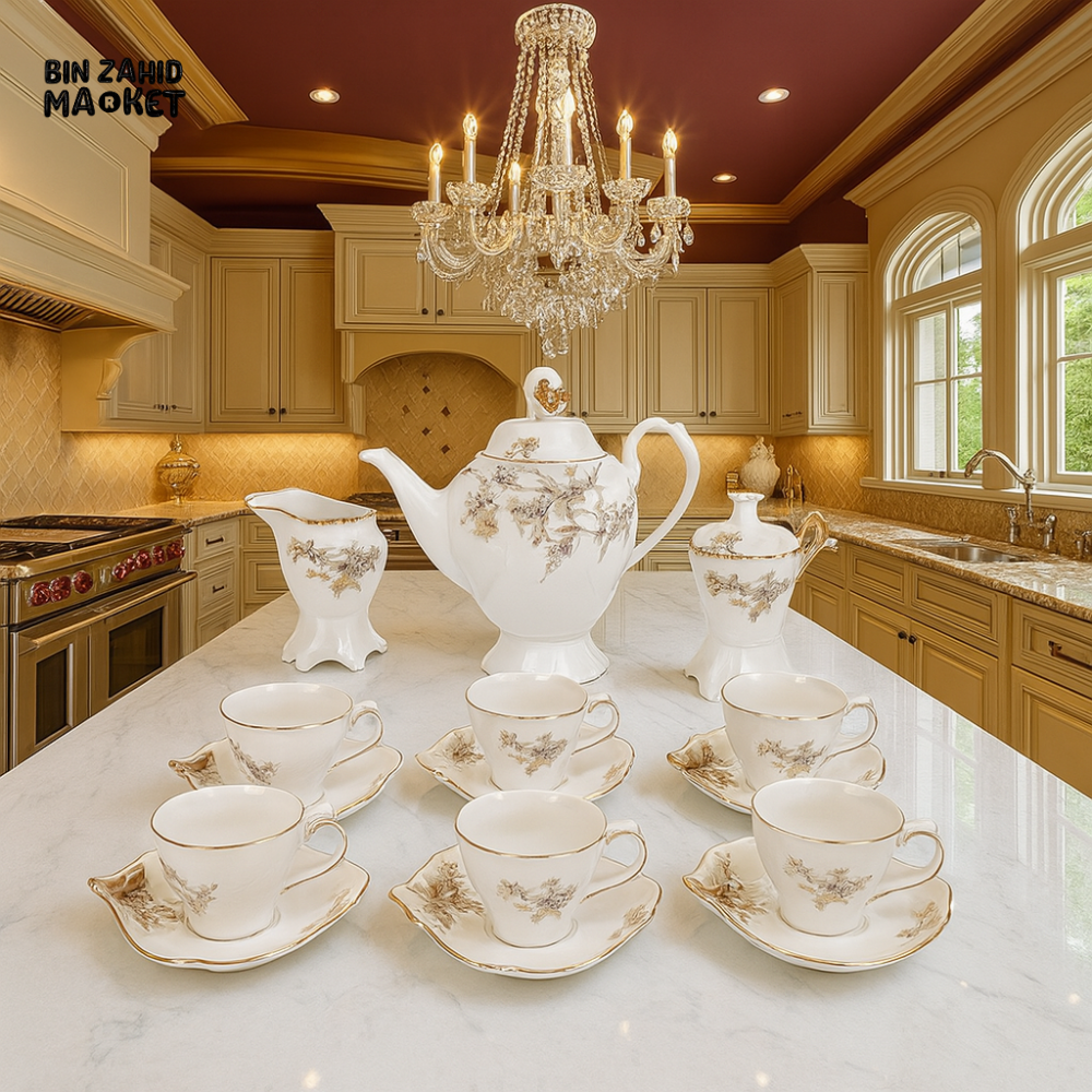 ANGELA PORCELAIN TEA SET ELEGANT COFFEE & TEA SERVICE WITH GOLD ACCENTS FOR HOME & KITCHEN DECOR