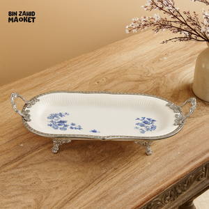 ANGELA PREMIUM PORCELAIN SERVING TRAY WITH SILVER HANDLES & FLORAL DESIGN – ELEGANT TABLEWARE FOR DINING & DECOR - 28x23