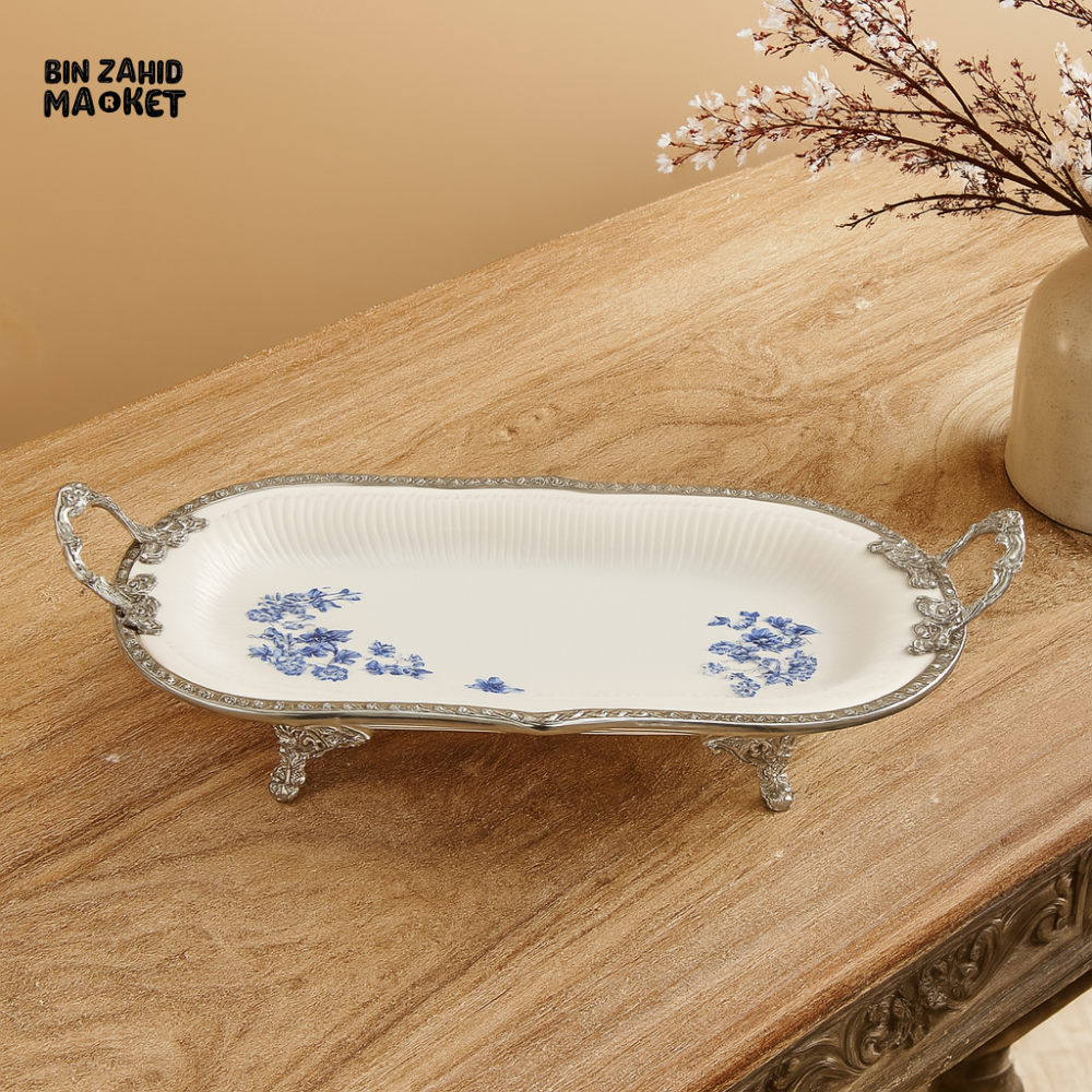 ANGELA PREMIUM PORCELAIN SERVING TRAY WITH SILVER HANDLES & FLORAL DESIGN – ELEGANT TABLEWARE FOR DINING & DECOR - 28x23