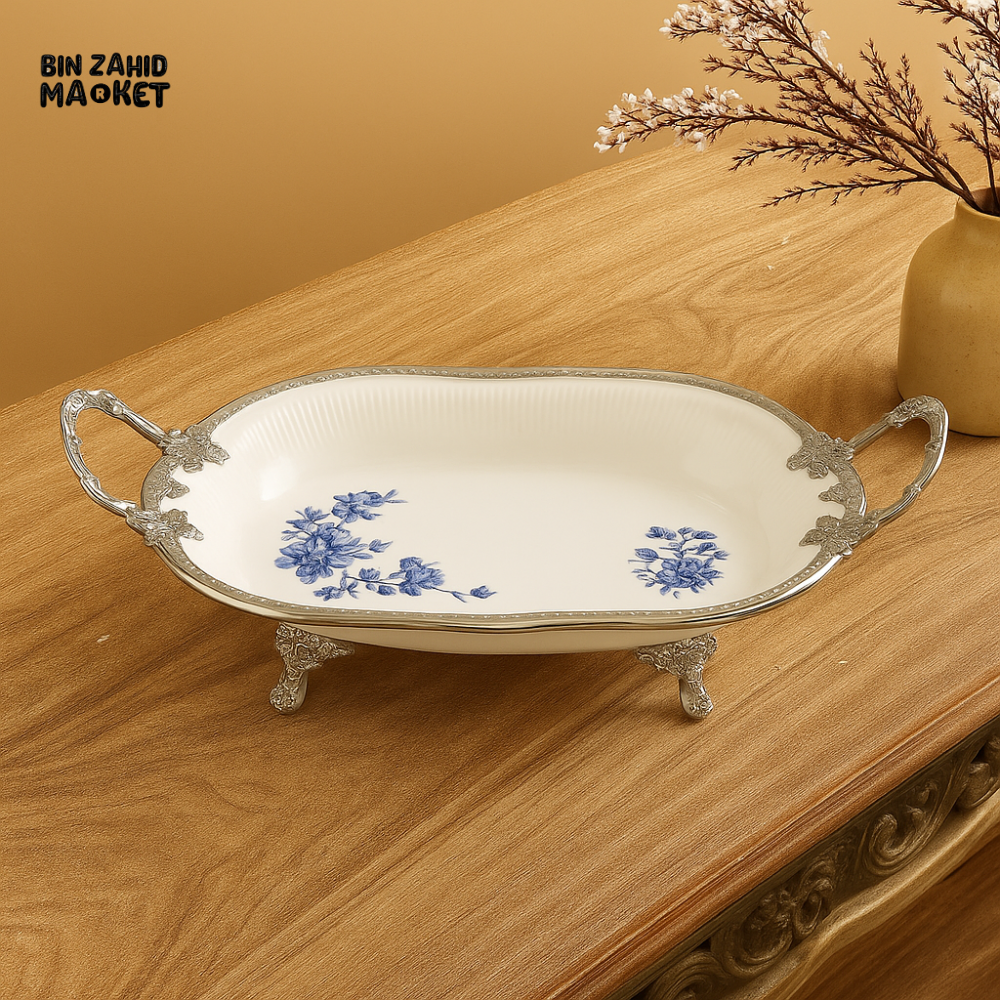 ANGELA PREMIUM PORCELAIN SERVING TRAY WITH SILVER HANDLES & FLORAL DESIGN – ELEGANT TABLEWARE FOR DINING & DECOR - 33x33CM