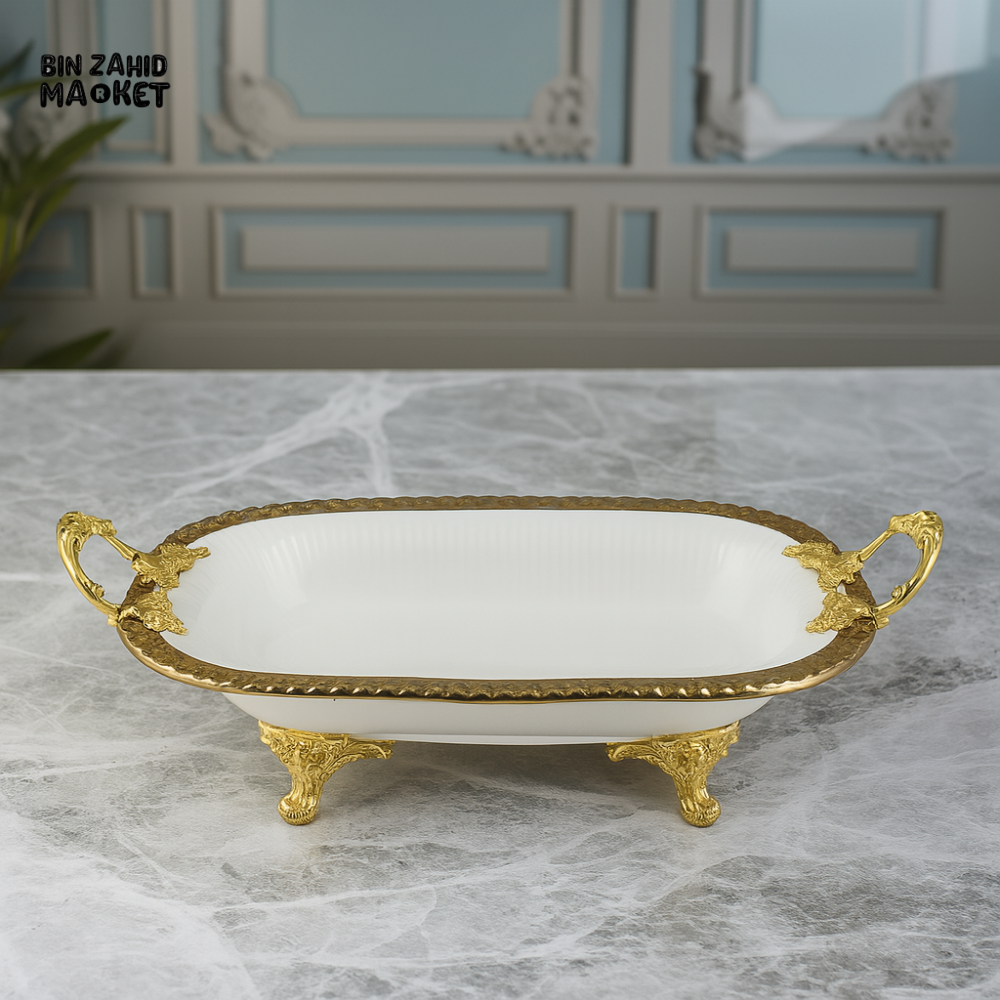 ANGELA RECTANGULAR PORCELAIN SERVING TRAY WITH GOLD HANDLES & LEGS – ELEGANT FLAT DISH FOR SNACKS & DESSERTS - 30x18CM