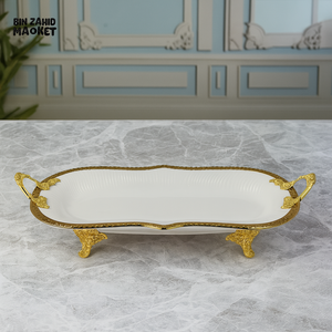 ANGELA RECTANGULAR PORCELAIN SERVING TRAY WITH GOLD HANDLES & LEGS – ELEGANT TABLEWARE PLATTER - 28x23CM