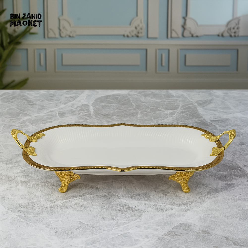 ANGELA RECTANGULAR PORCELAIN SERVING TRAY WITH GOLD HANDLES & LEGS – ELEGANT TABLEWARE PLATTER - 28x23CM