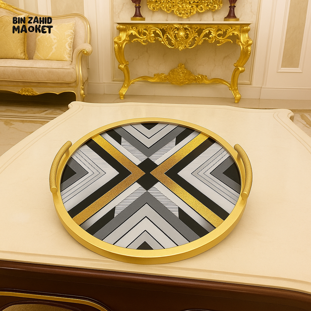 ANGELA ROUND ART DECO SERVING TRAY – LUXURY BLACK, WHITE & GOLD GEOMETRIC TRAY WITH GOLD HANDLES FOR VILLA DISPLAY