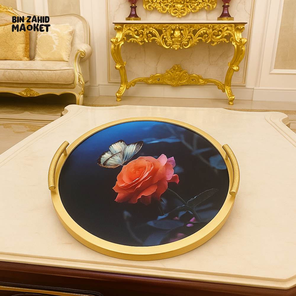 ANGELA ROUND BUTTERFLY & ROSE SERVING TRAY – LUXURY GOLD FRAME DECORATIVE TRAY FOR VILLA COFFEE TABLE DISPLAY