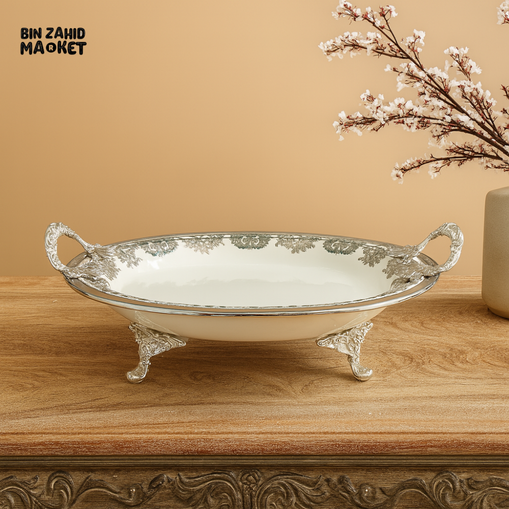 ANGELA ROUND SERVING DISH ELEGANT SILVER-PLATED PORCELAIN BOWL FOR DINING & DECOR - 26CM
