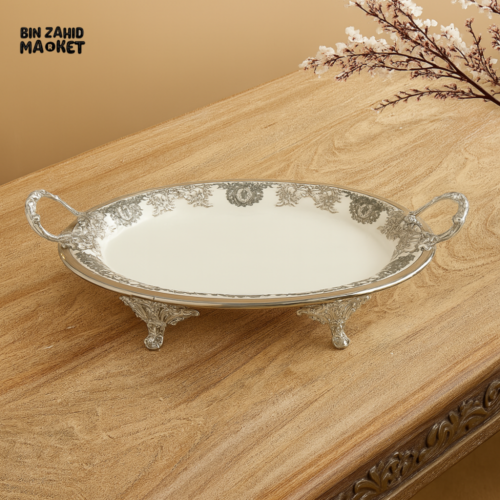 ANGELA ROUND SERVING DISH ELEGANT SILVER-PLATED PORCELAIN BOWL FOR DINING & DECOR - 31CM