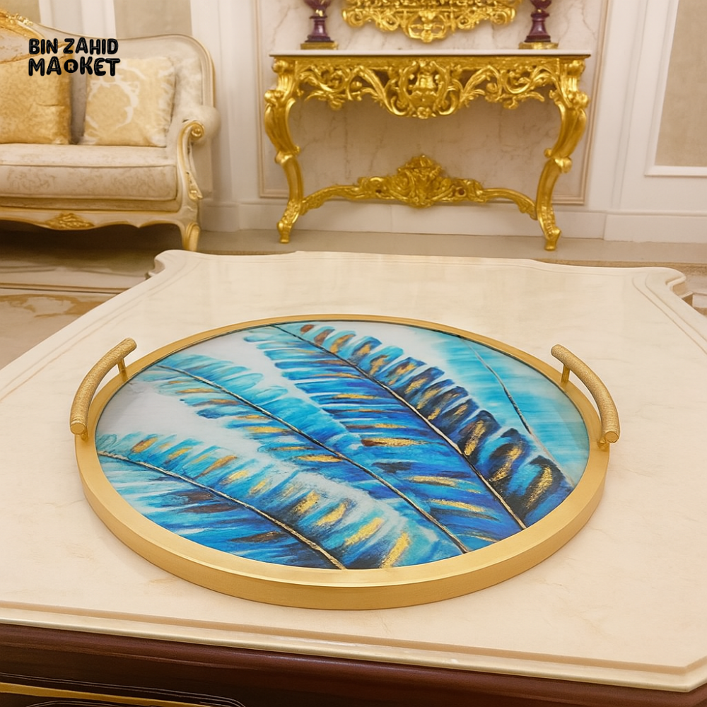 ANGELA ROUND SERVING TRAY WITH BLUE PALM DESIGN – LUXURY GOLD HANDLE DECORATIVE TRAY FOR VILLA TABLETOP DISPLAY