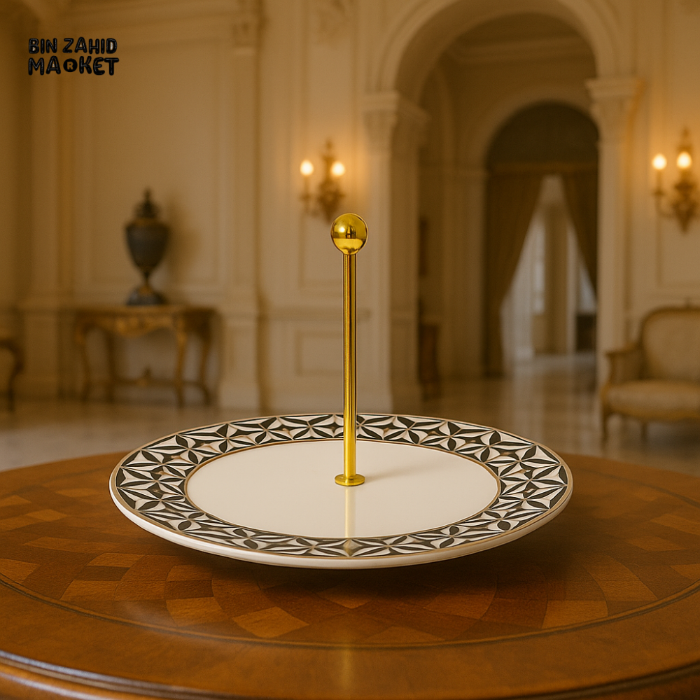 ANGELA SINGLE-TIER SERVING TRAY – BLACK & WHITE GEOMETRIC DESIGN WITH GOLD HANDLE PLATTER