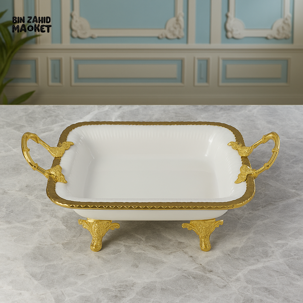 ANGELA SQUARE PORCELAIN SERVING TRAY WITH GOLD HANDLES & LEGS – ELEGANT FLAT DISH FOR SNACKS & DESSERTS - 29x26CM
