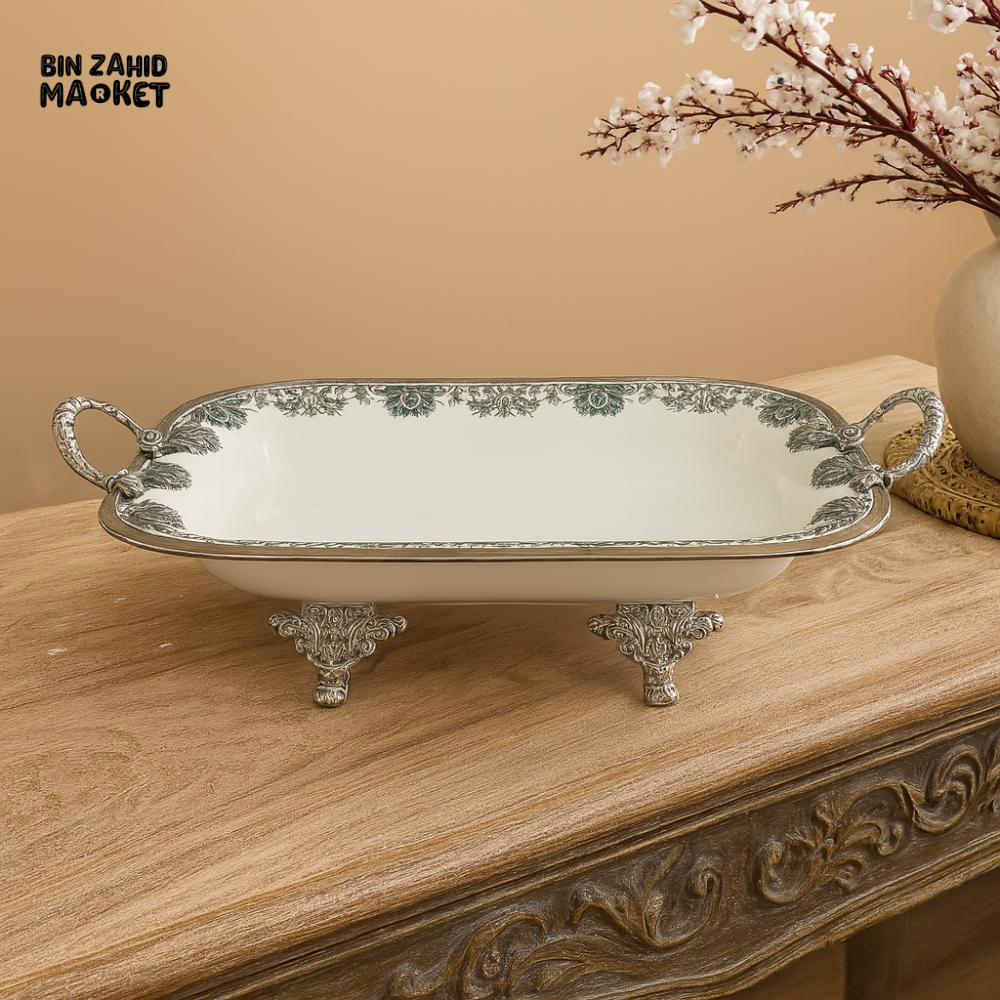 ANGELA SQUARE SERVING DISH ELEGANT SILVER-PLATED PORCELAIN BOWL FOR DINING & DECOR - 36x26CM