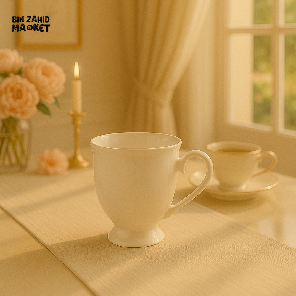ANGELA WHITE PORCELAIN TEA MUG – CLASSIC FOOTED CUP FOR LUXURY TEA & COFFEE SETTINGS