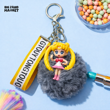 ANIME STYLE MINI DOLL KEYCHAIN WITH FUR POM-POM - Key Holders