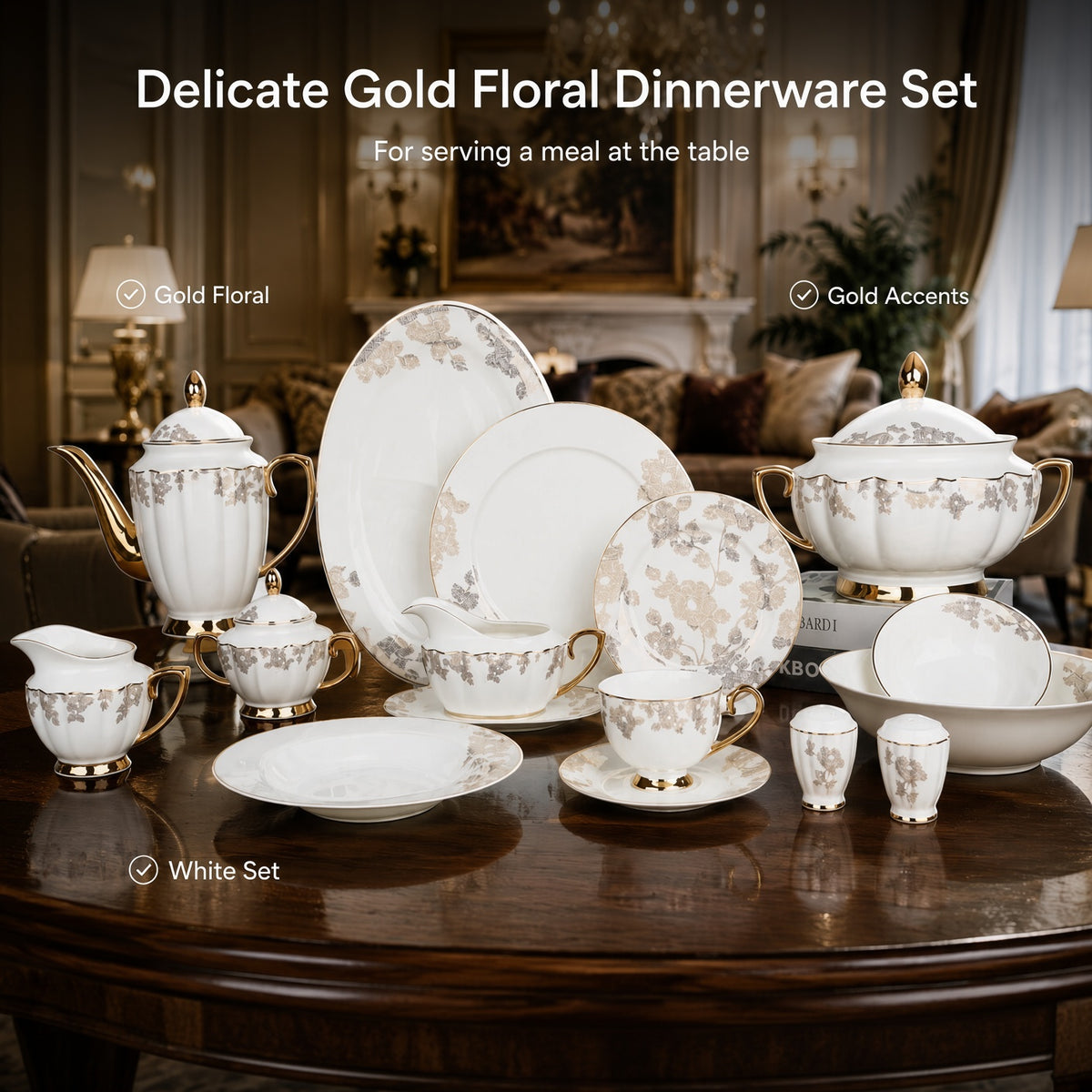 Johnson Bros Inspired Delicate Gold Floral Bone China Dinner Set