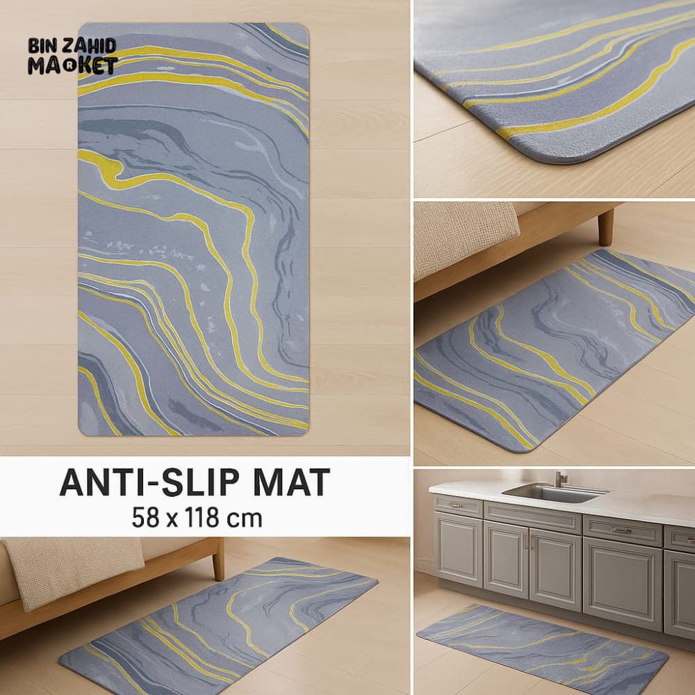 ANTI FATIGUE KITCHEN FLOOR MAT – LUXURY NON SLIP WATERPROOF COMFORT RUG WITH GRAY & YELLOW MARBLE WAVE DESIGN