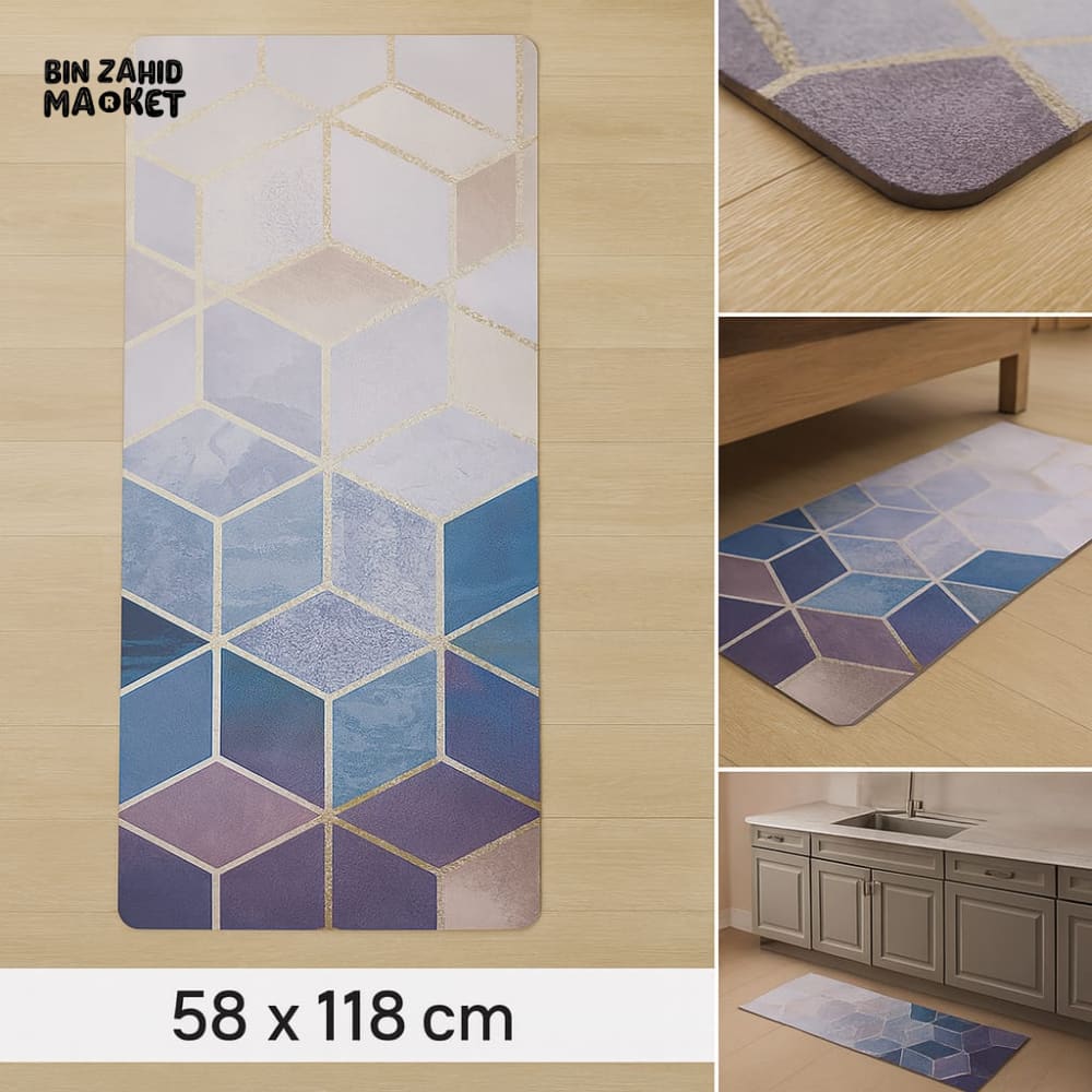 ANTI FATIGUE KITCHEN FLOOR MAT – LUXURY NON SLIP WATERPROOF COMFORT RUG WITH HEXAGON GEOMETRIC DESIGN IN PURPLE & BLUE