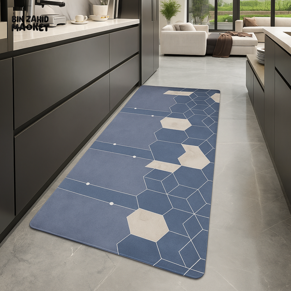 ANTI FATIGUE KITCHEN FLOOR MAT – LUXURY NON SLIP WATERPROOF COMFORT RUG WITH MODERN BLUE GEOMETRIC DESIGN