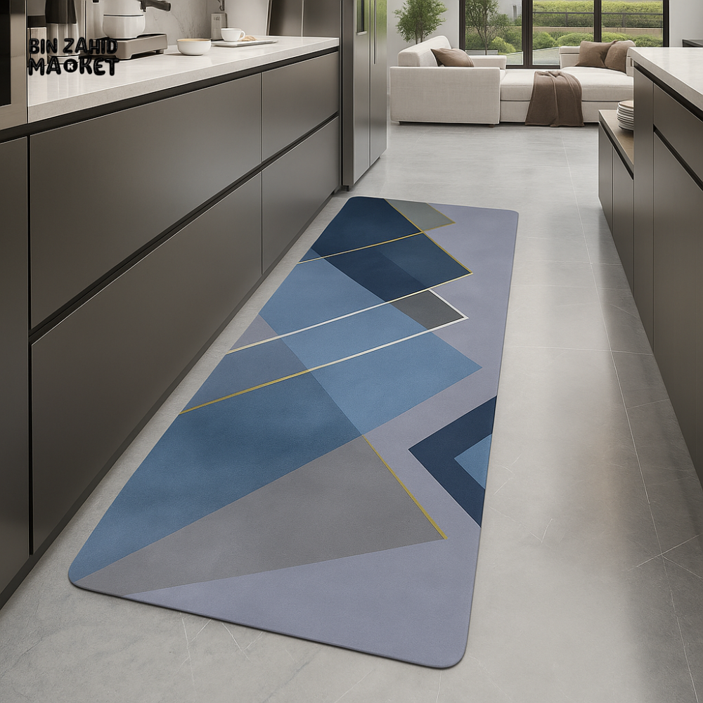 ANTI FATIGUE KITCHEN FLOOR MAT – LUXURY NON SLIP WATERPROOF COMFORT RUG WITH MODERN BLUE GEOMETRIC DESIGN