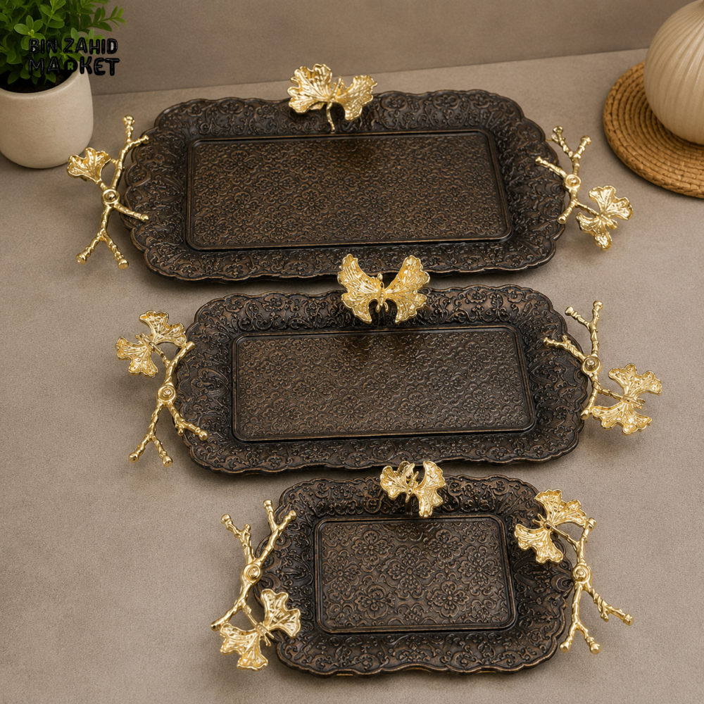 ANTIQUE BRONZE RECTANGULAR SERVING TRAY SET WITH GOLD FLORAL HANDLES - 3 PIECE