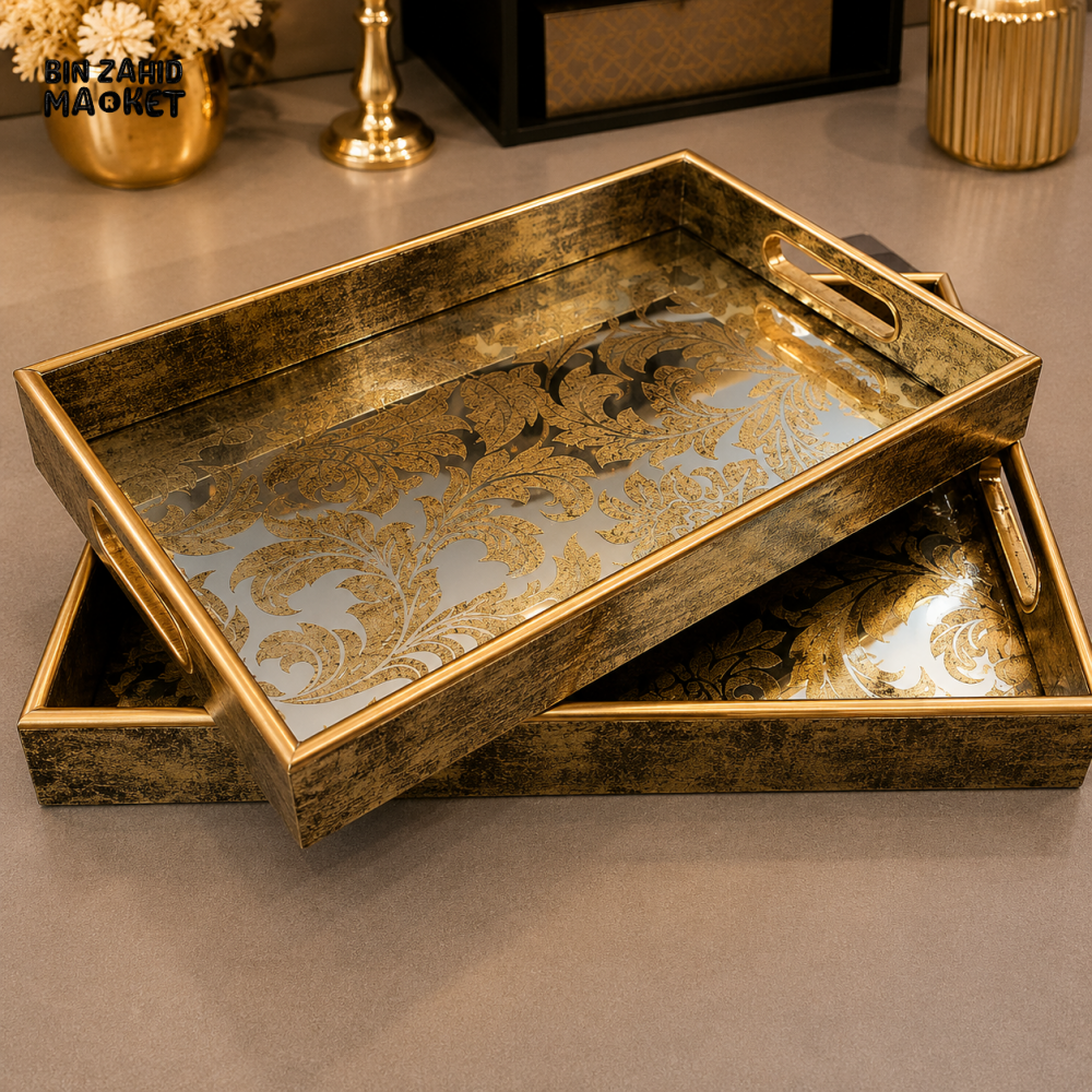 ANTIQUE GOLD DAMASK MIRROR SERVING TRAY SET
