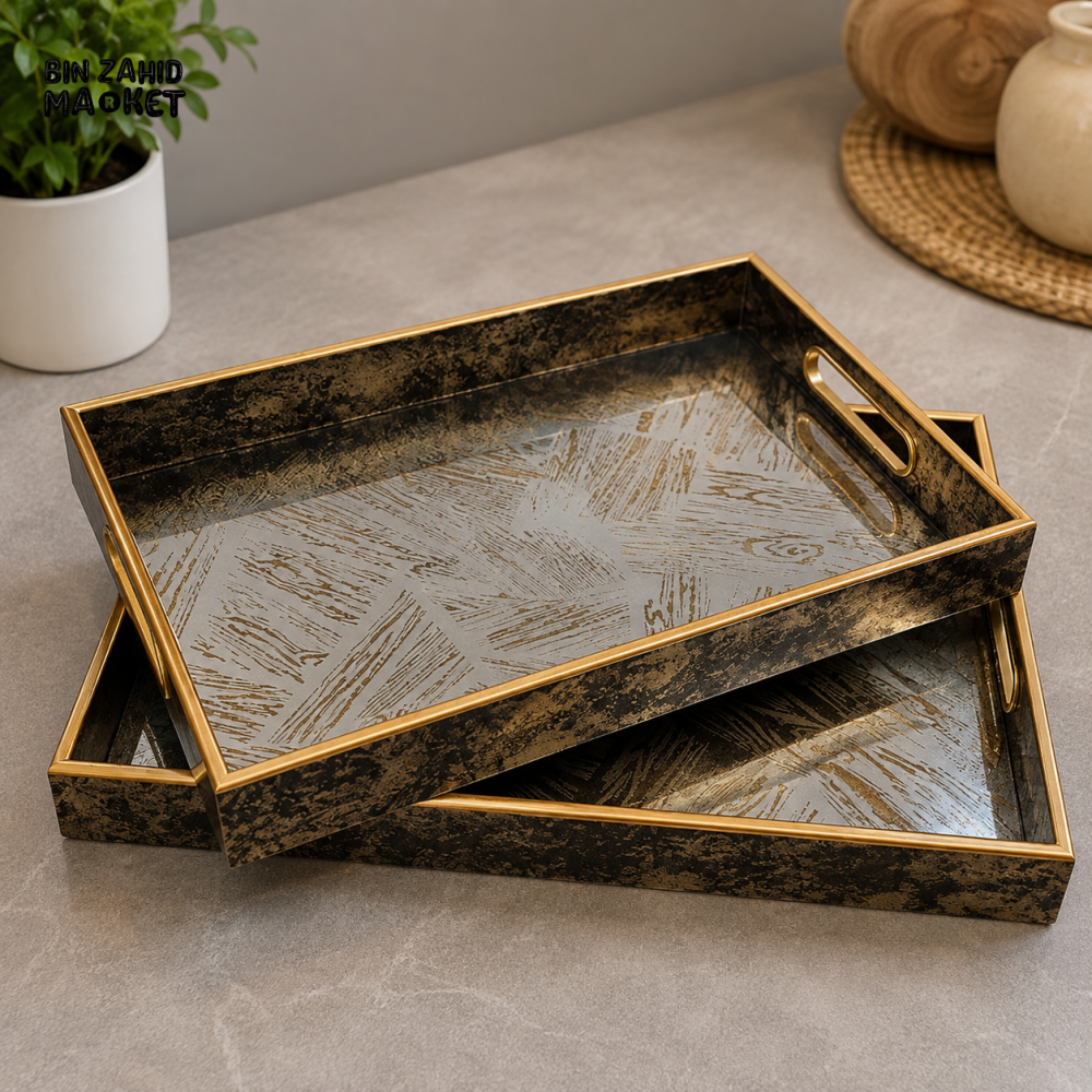 ANTIQUE GOLD RECTANGULAR SERVING TRAY SET WITH DECORATIVE BASE - 2 PIECE