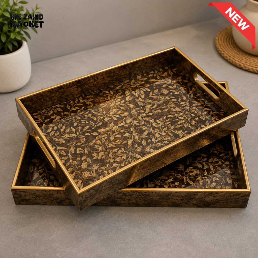 ANTIQUE GOLD RECTANGULAR SERVING TRAY SET WITH LEAF DESIGN - 2 PIECE