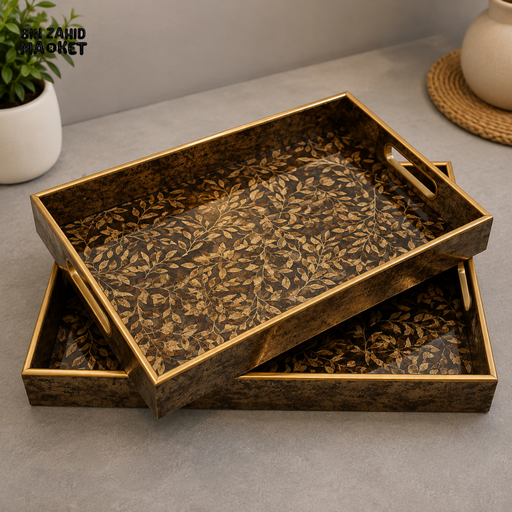 ANTIQUE GOLD RECTANGULAR SERVING TRAY SET WITH LEAF DESIGN - 2 PIECE