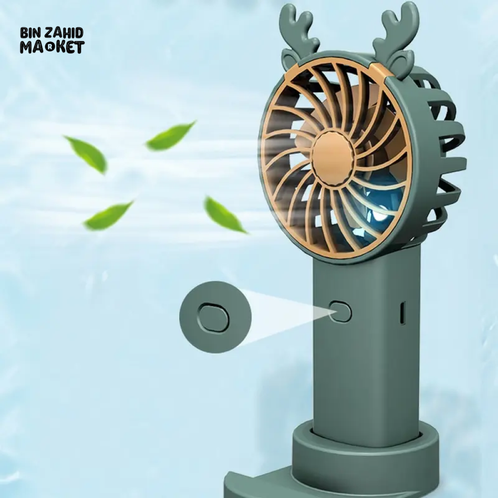 ANTLER HANDHELD MINI FAN WITH VERTICAL PHONE MOUNT PORTABLE RECHARGEABLE FASHION FAN FOR OUTDOOR & TRAVEL USE