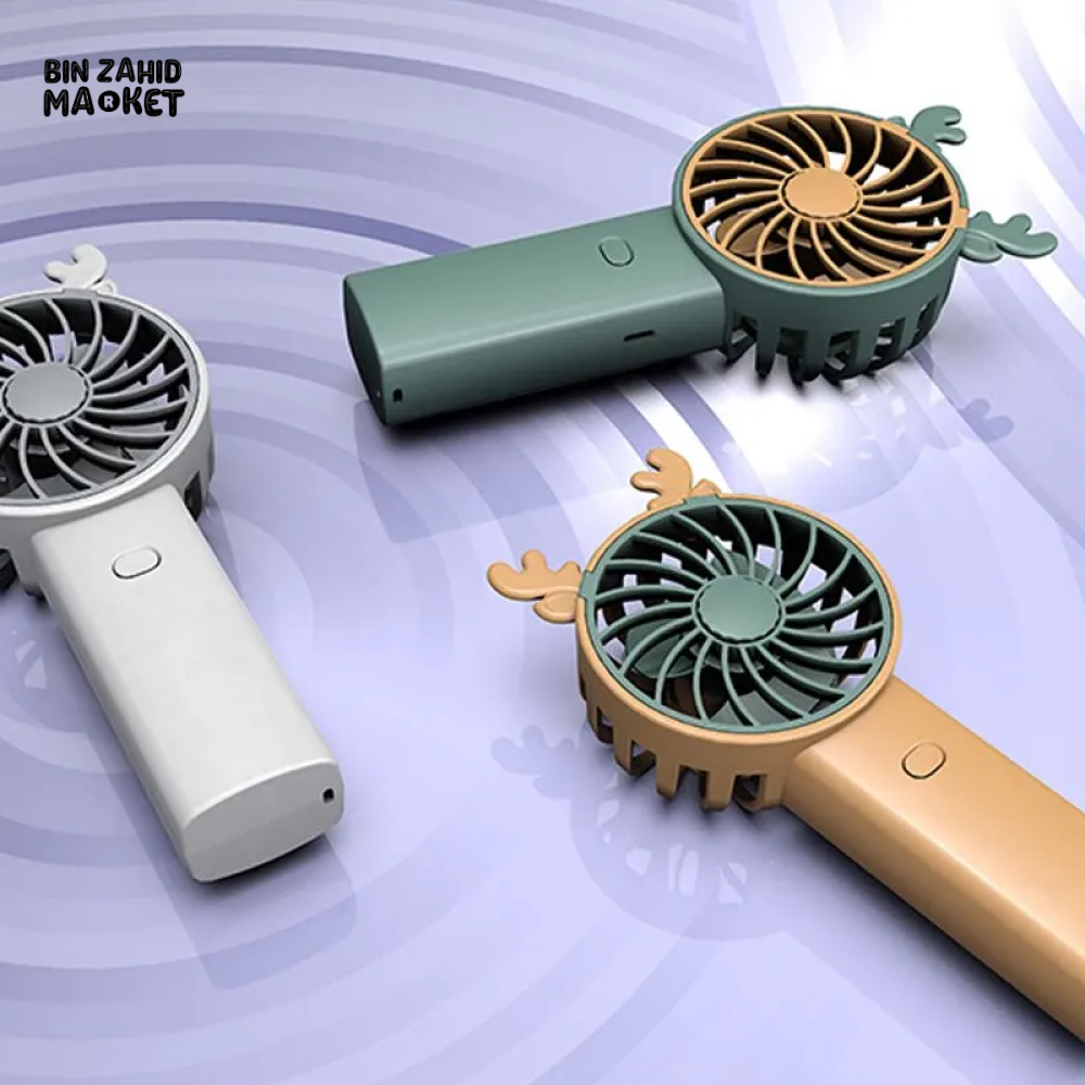 ANTLER HANDHELD MINI FAN WITH VERTICAL PHONE MOUNT PORTABLE RECHARGEABLE FASHION FAN FOR OUTDOOR & TRAVEL USE